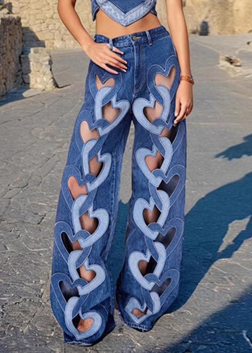 High Waist Denim Spring Chic Blue Hollow Out Pants