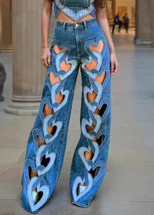 High Waist Denim Spring Chic Blue Hollow Out Pants
