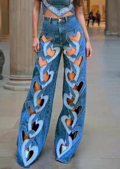 High Waist Denim Spring Chic Blue Hollow Out Pants