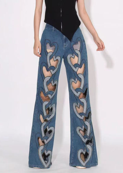 High Waist Denim Spring Chic Blue Hollow Out Pants
