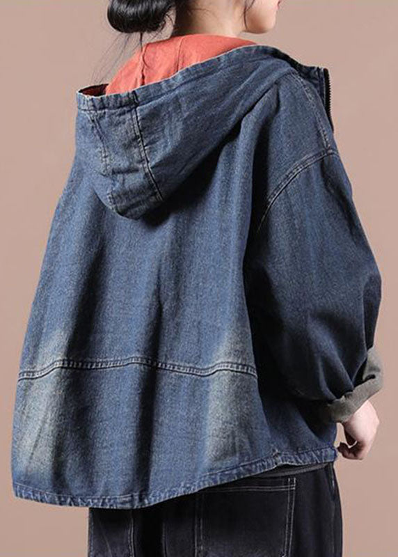 Schicker blauer Jeansmantel mit Kapuze und Reißverschlusstaschen, langärmelig, QS059