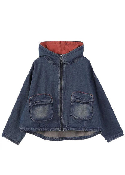 Schicker blauer Jeansmantel mit Kapuze und Reißverschlusstaschen, langärmelig, QS059