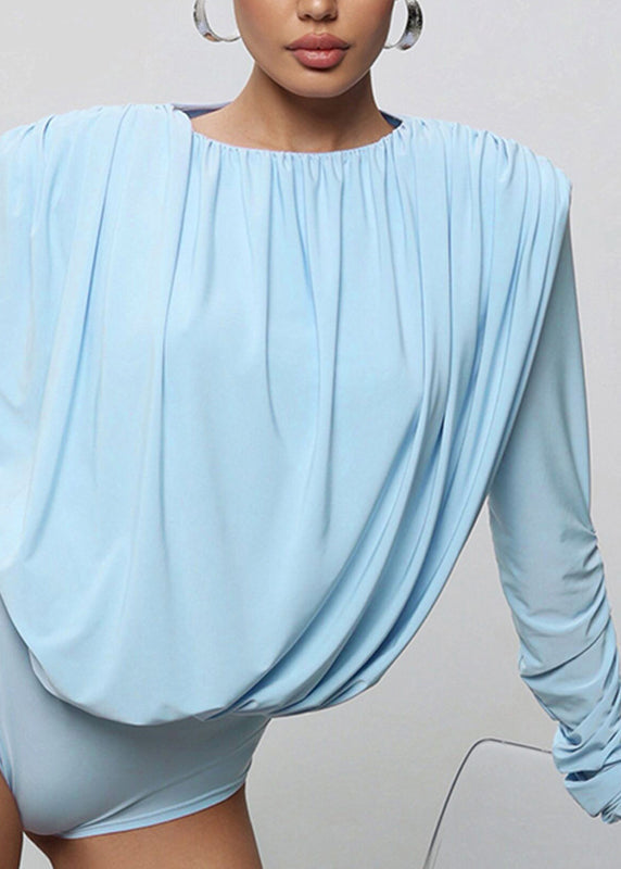 Chic Bodysuit Blue Fall Backless O-Neck