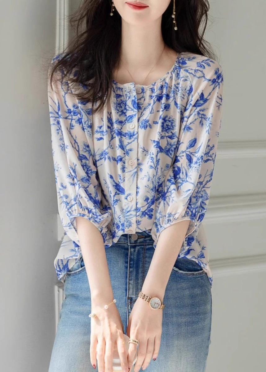 Chic Blue O-Neck Print Chiffon Top Summer WW009