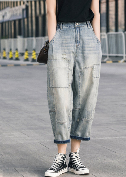Blue Pants Chic Summer Oversized Patchwork Applique Denim Ripped