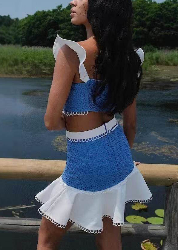 Piece Two Butterfly Sleeve Chic Cotton Set Blue Patchwork Outfits