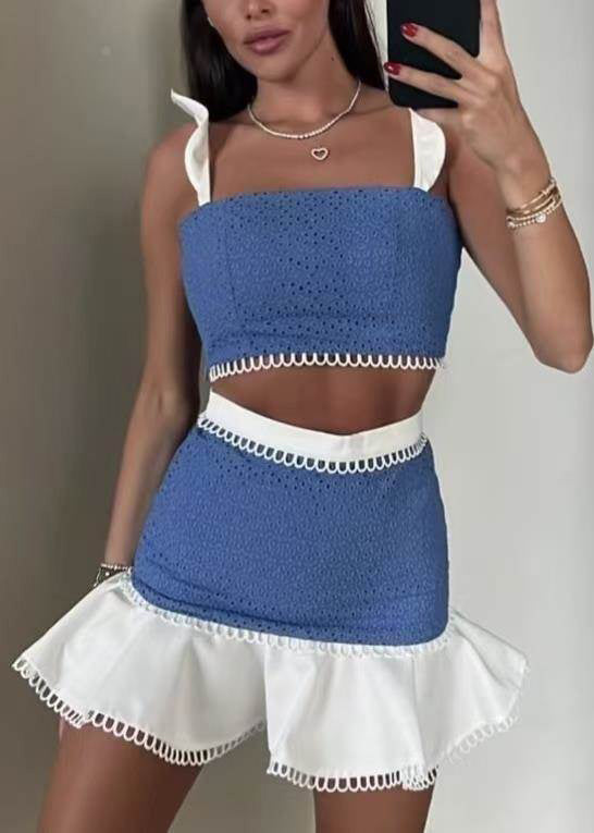 Piece Two Butterfly Sleeve Chic Cotton Set Blue Patchwork Outfits