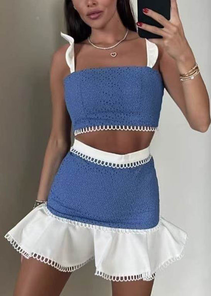 Piece Two Butterfly Sleeve Chic Cotton Set Blue Patchwork Outfits