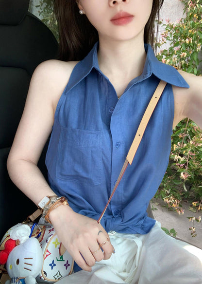 Shirt Pan Peter Chic Cotton Button Tops Sleeveless Blue Collar
