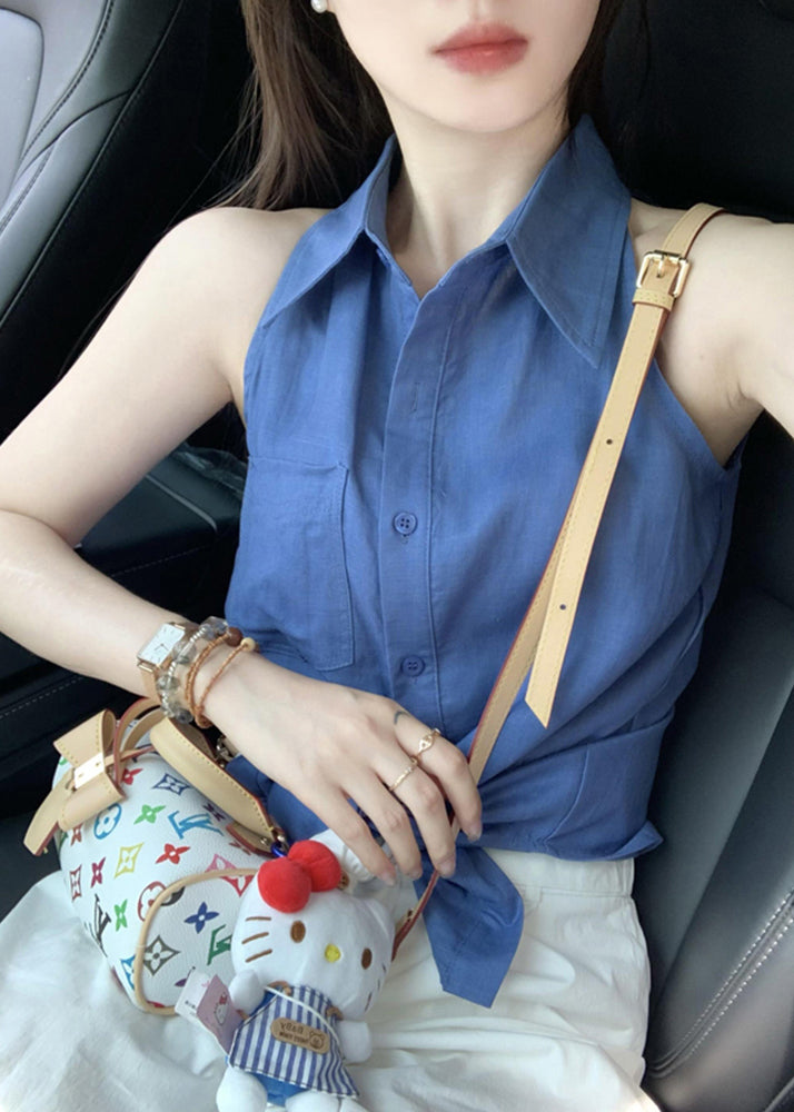 Shirt Pan Peter Chic Cotton Button Tops Sleeveless Blue Collar