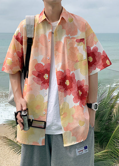 Chic Blue Peter Pan Collar Print Men Hawaiian Shirts Summer HG016