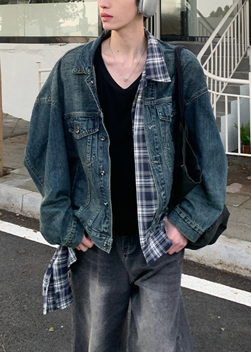 Blue Patchwork Plaid Coats Pockets Denim Mens Chic Spring