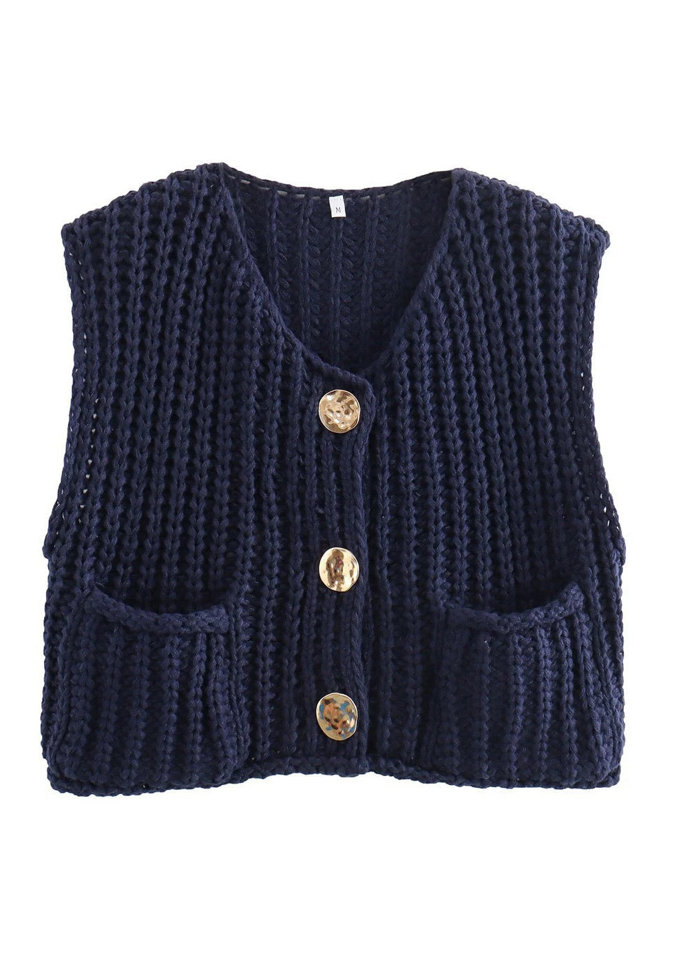 Chic Blue Pockets Button Knit Vest Sleeveless QY012