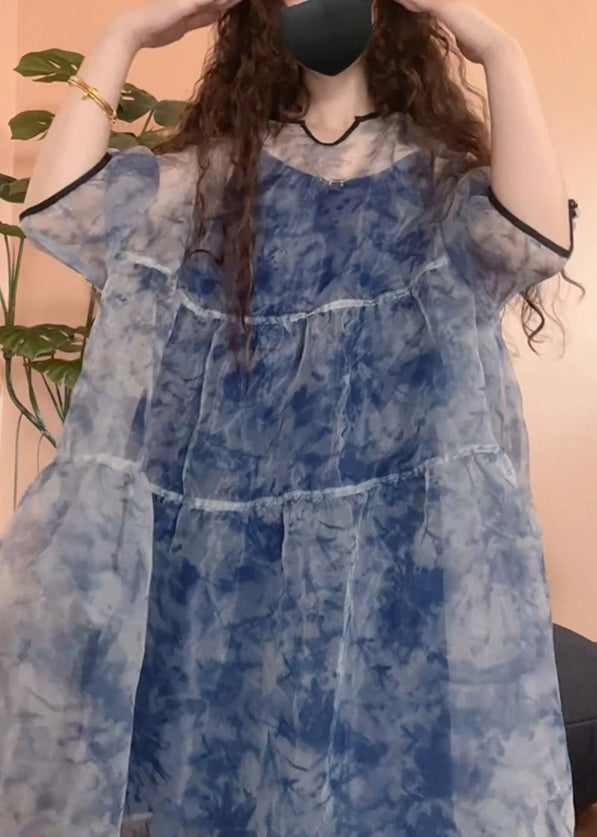 Patchwork Set Tulle Half Print Sleeve Pieces Blue Chic Two