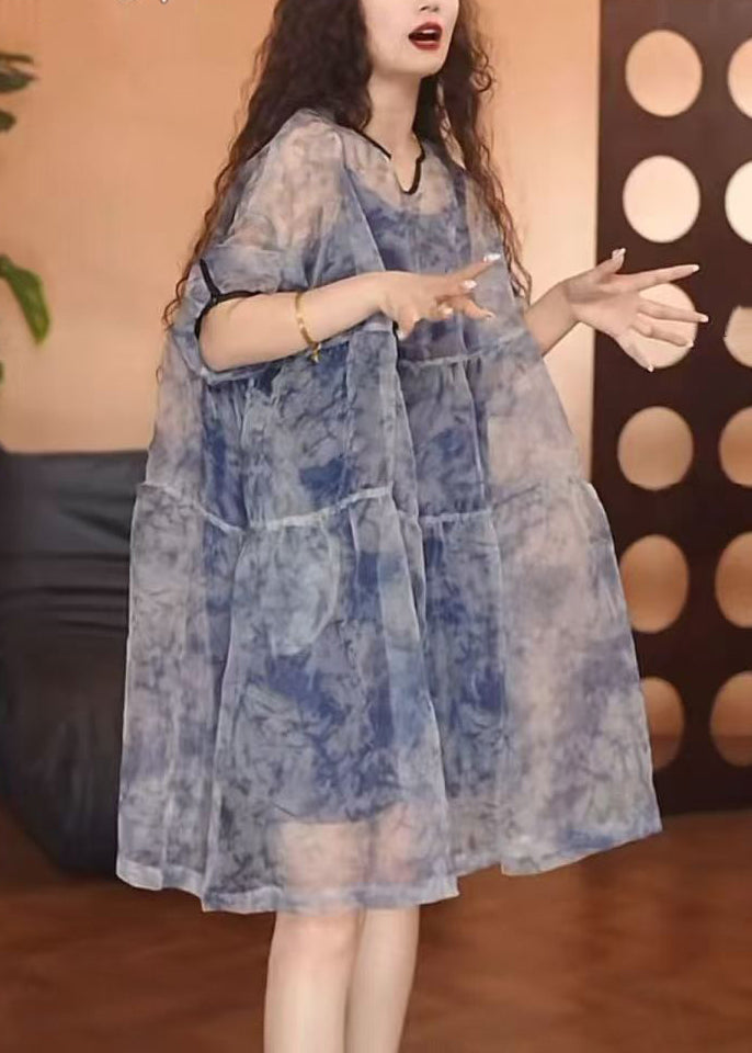 Patchwork Set Tulle Half Print Sleeve Pieces Blue Chic Two