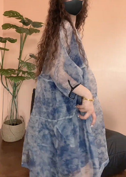 Patchwork Set Tulle Half Print Sleeve Pieces Blue Chic Two