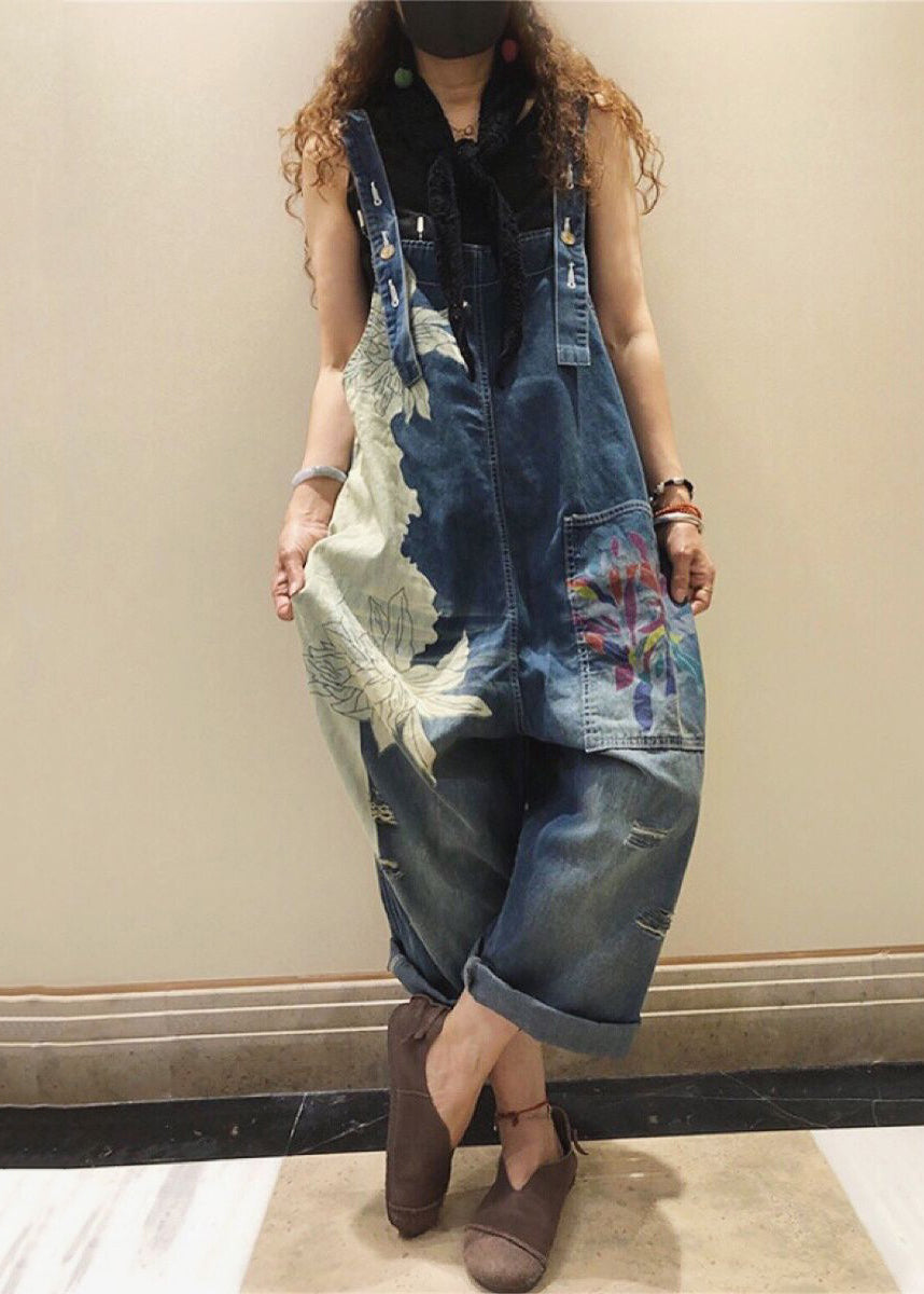 Chic Blue Print Pockets High Waist Denim Jumpsuit Sleeveless MN076