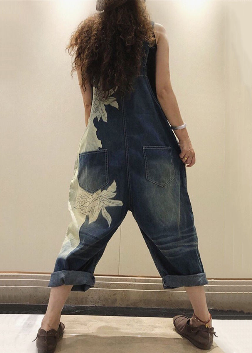 Chic Blue Print Pockets High Waist Denim Jumpsuit Sleeveless MN076