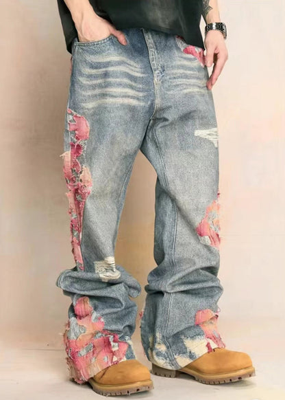 Chic Blue Print Pockets High Waist Denim Pants Fall GEM572