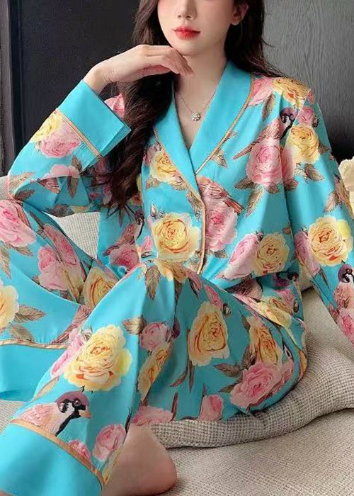 Chic Blue Roses Print Blouses And Pants Ice Silk Pajamas Two Pieces Set Spring YK021