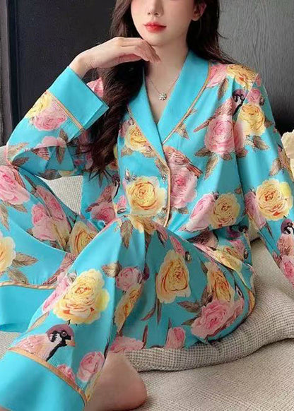 Chic Blue Roses Print Blouses And Pants Ice Silk Pajamas Two Pieces Set Spring YK021