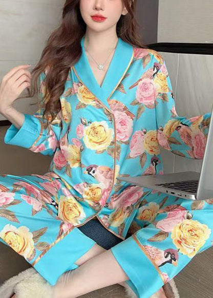 Chic Blue Roses Print Blouses And Pants Ice Silk Pajamas Two Pieces Set Spring YK021