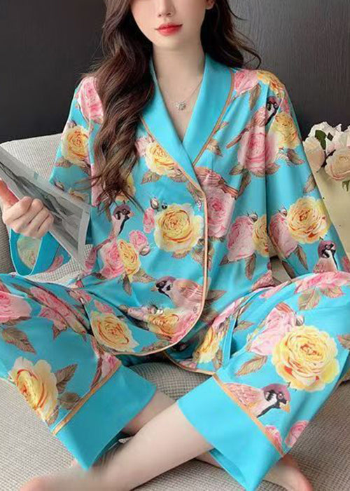 Chic Blue Roses Print Blouses And Pants Ice Silk Pajamas Two Pieces Set Spring YK021