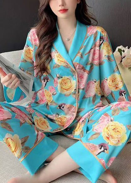 Chic Blue Roses Print Blouses And Pants Ice Silk Pajamas Two Pieces Set Spring YK021