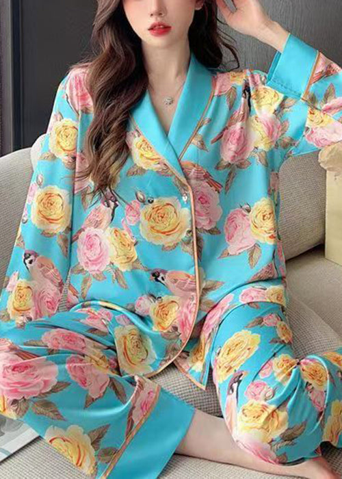 Chic Blue Roses Print Blouses And Pants Ice Silk Pajamas Two Pieces Set Spring YK021