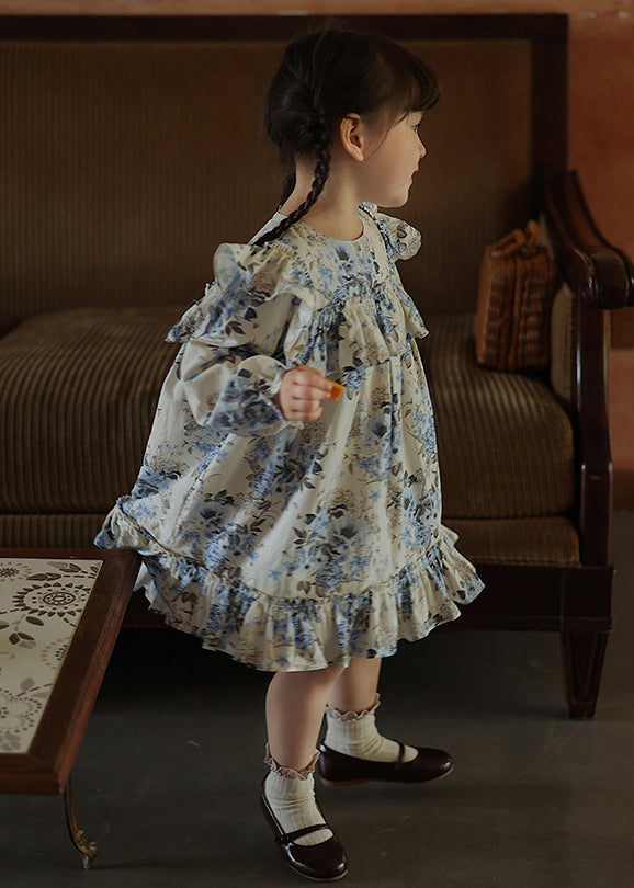 Chic Blue Ruffled Patchwork Kids Vacation Long Dresses Fall SS1045