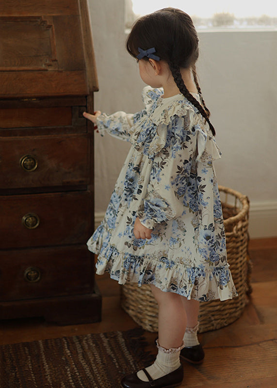 Chic Blue Ruffled Patchwork Kids Vacation Long Dresses Fall SS1045