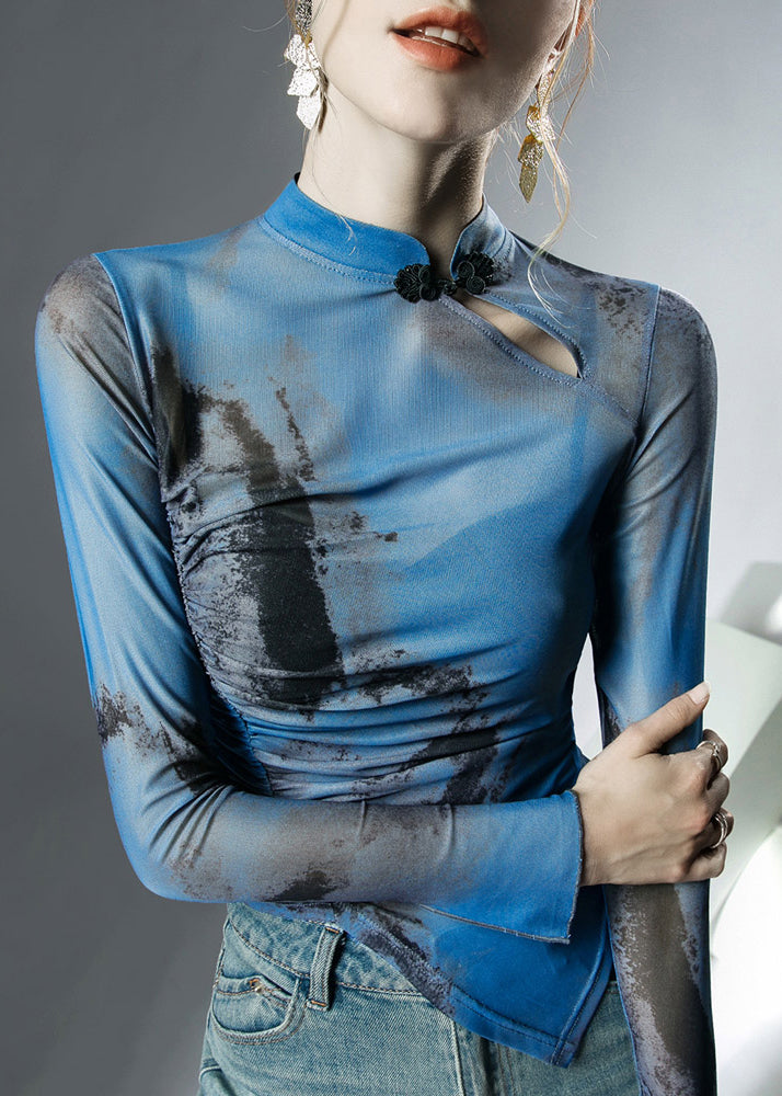 Chic Blue Stand Collar Asymmetrical Print Tulle Tops Fall AL1071