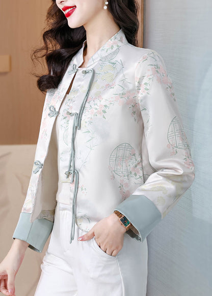 Chic Blue Stand Collar Print Button Silk Coats Fall QO003