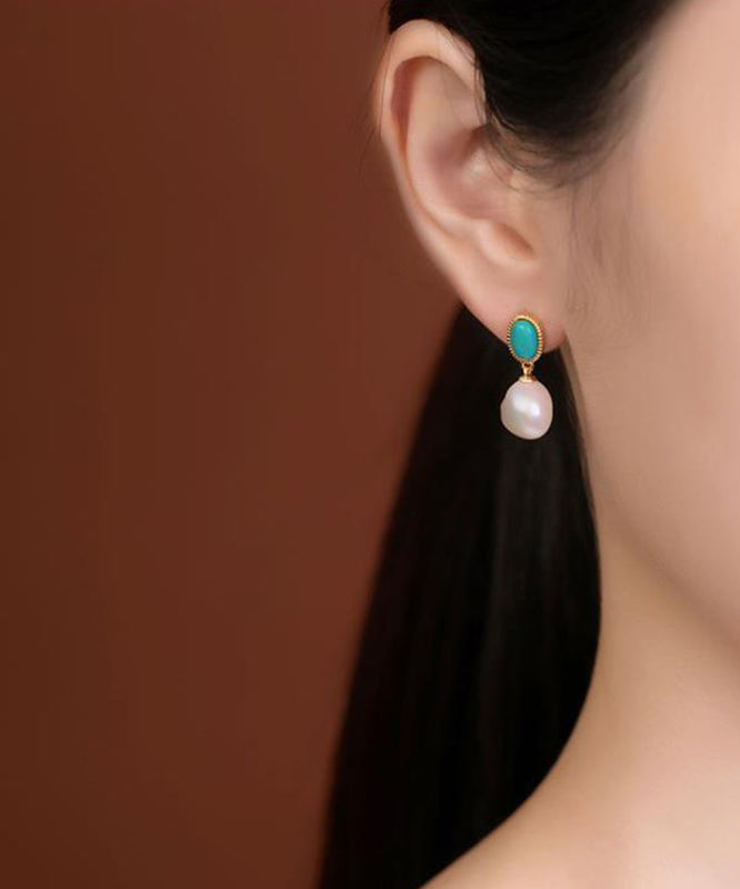 Turquoise Drop Earrings Sterling Silver Chic Overgild Pearl Blue