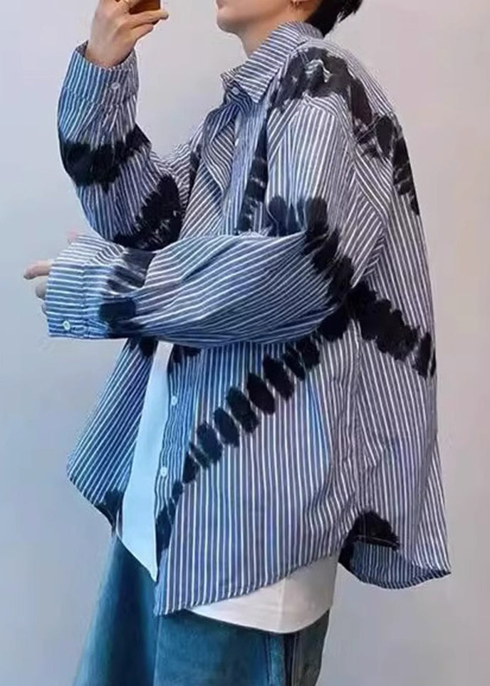 Spring Blue Men Shirts Tie Striped Cotton Dye Chic