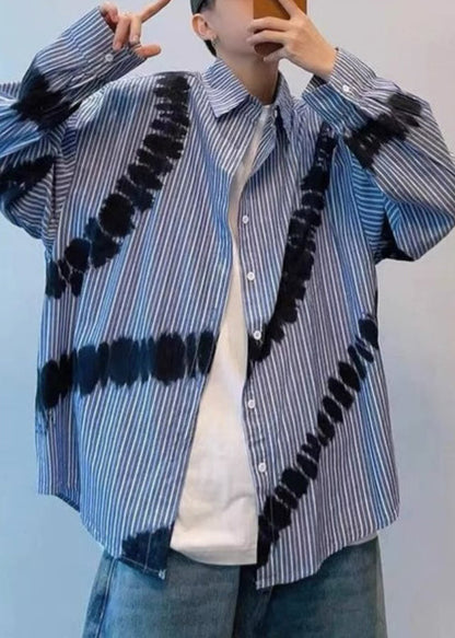 Spring Blue Men Shirts Tie Striped Cotton Dye Chic