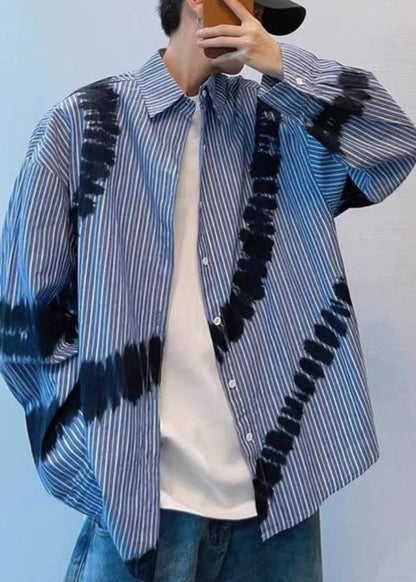 Spring Blue Men Shirts Tie Striped Cotton Dye Chic