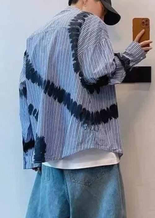 Spring Blue Men Shirts Tie Striped Cotton Dye Chic