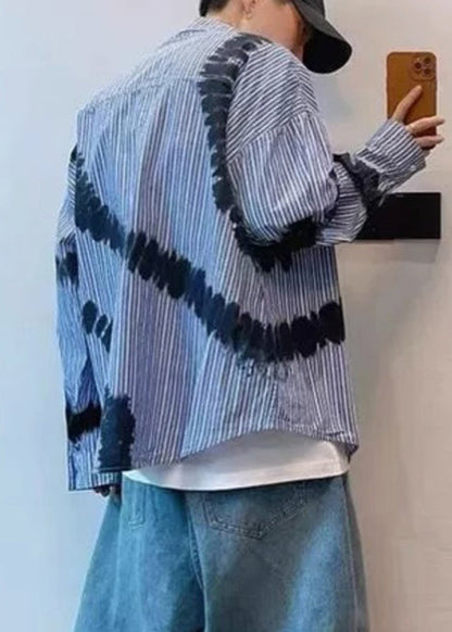 Spring Blue Men Shirts Tie Striped Cotton Dye Chic