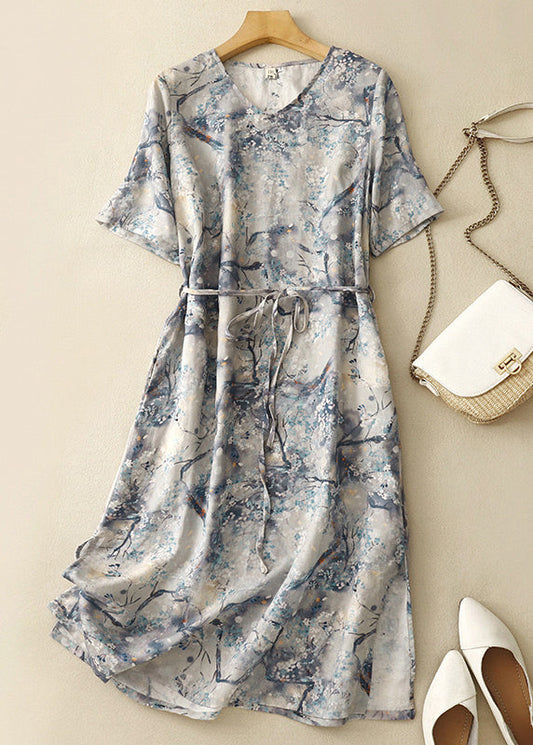 Chic Blue V Neck Print Tie Waist Cotton Dresses Summer GG002