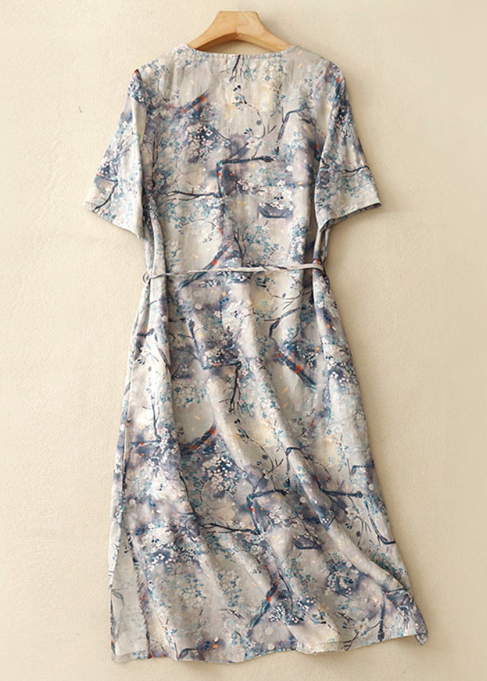 Robe d'été en coton bleu chic à col en V et taille nouée GG002