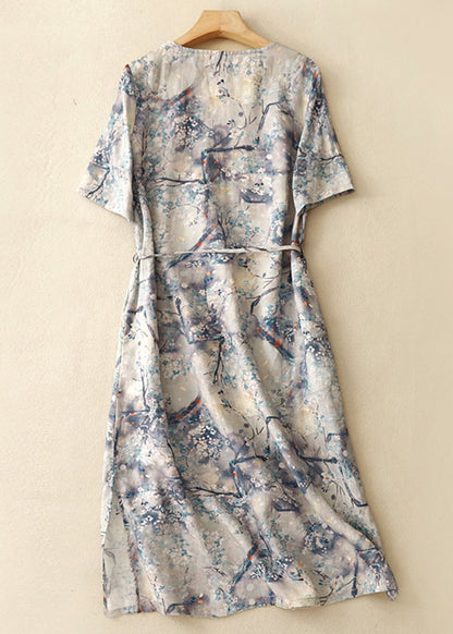 Robe d'été en coton bleu chic à col en V et taille nouée GG002