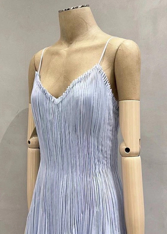 Wrinkled Summer V Chic Spaghetti Dress Neck Strap Blue Cotton