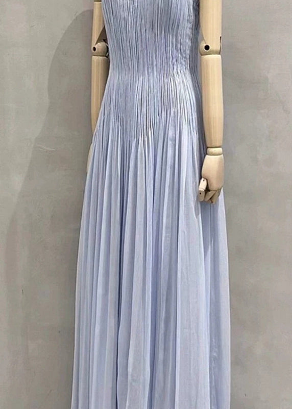 Wrinkled Summer V Chic Spaghetti Dress Neck Strap Blue Cotton