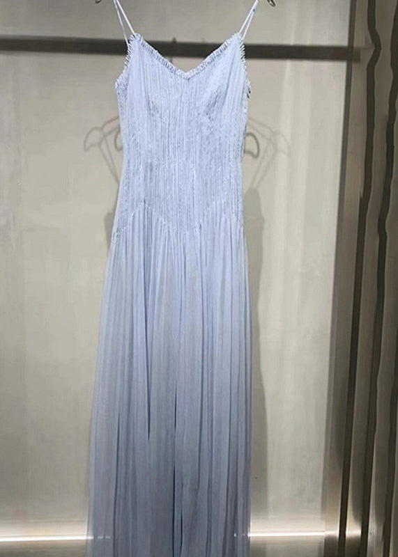 Wrinkled Summer V Chic Spaghetti Dress Neck Strap Blue Cotton