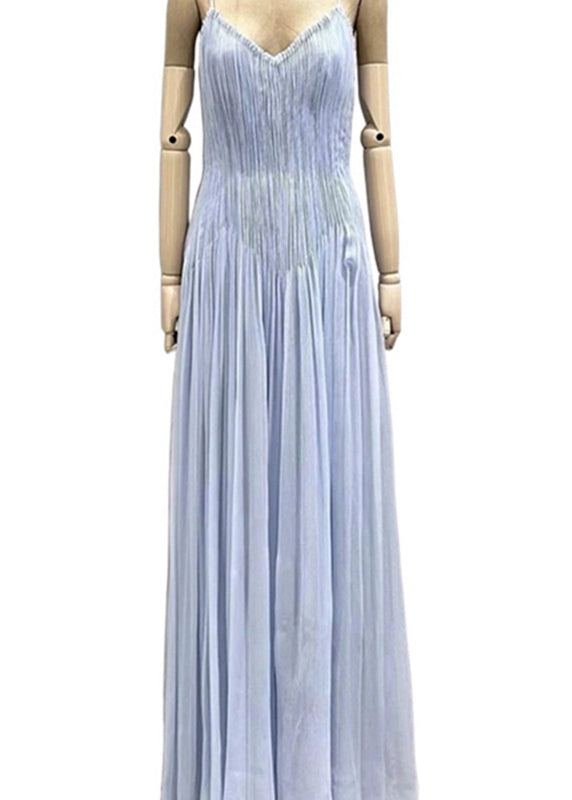 Wrinkled Summer V Chic Spaghetti Dress Neck Strap Blue Cotton
