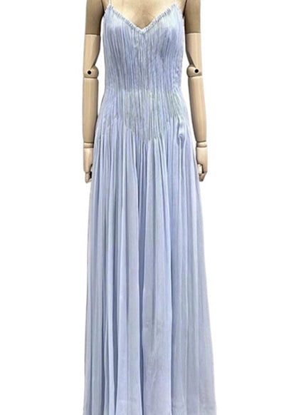 Wrinkled Summer V Chic Spaghetti Dress Neck Strap Blue Cotton