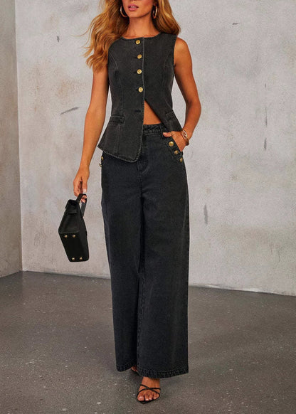 Set Two-Piece Chic Summer Blue Pants And Vest Denim