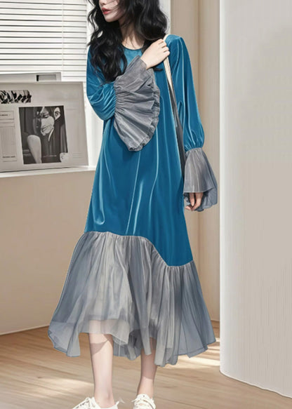 Long Patchwork Sleeve Wrinkled Silk Blue Dress Flare Velvet Chic