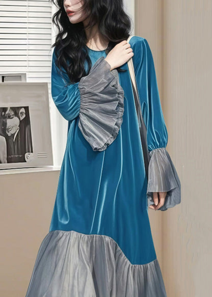 Long Patchwork Sleeve Wrinkled Silk Blue Dress Flare Velvet Chic